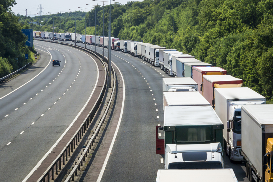 A-Line-of-Lorries-Parked-on-the-M20-Motorway-in-Operation-Stack